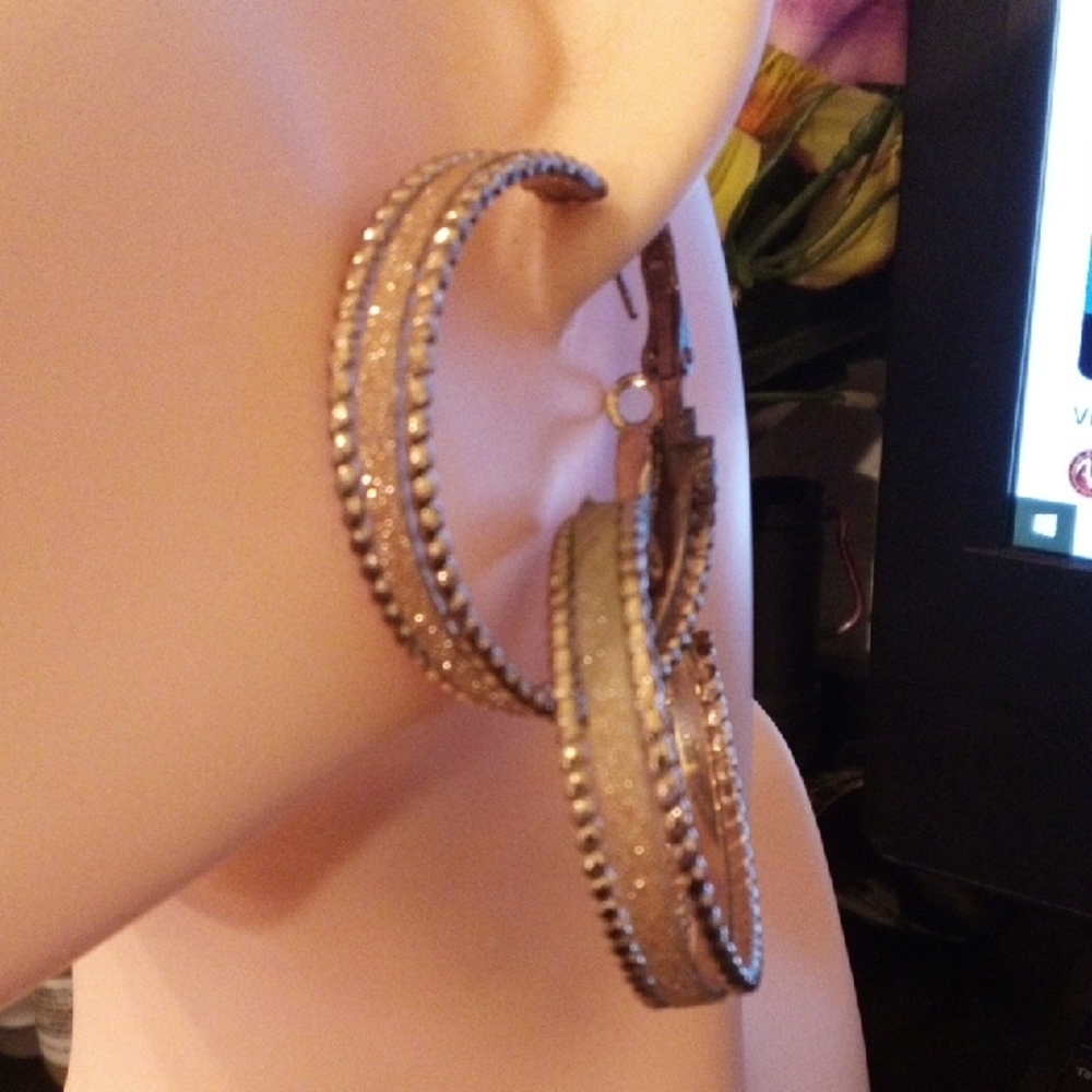 Glittery Double Hoop Statement Earrings - Gold Tone
